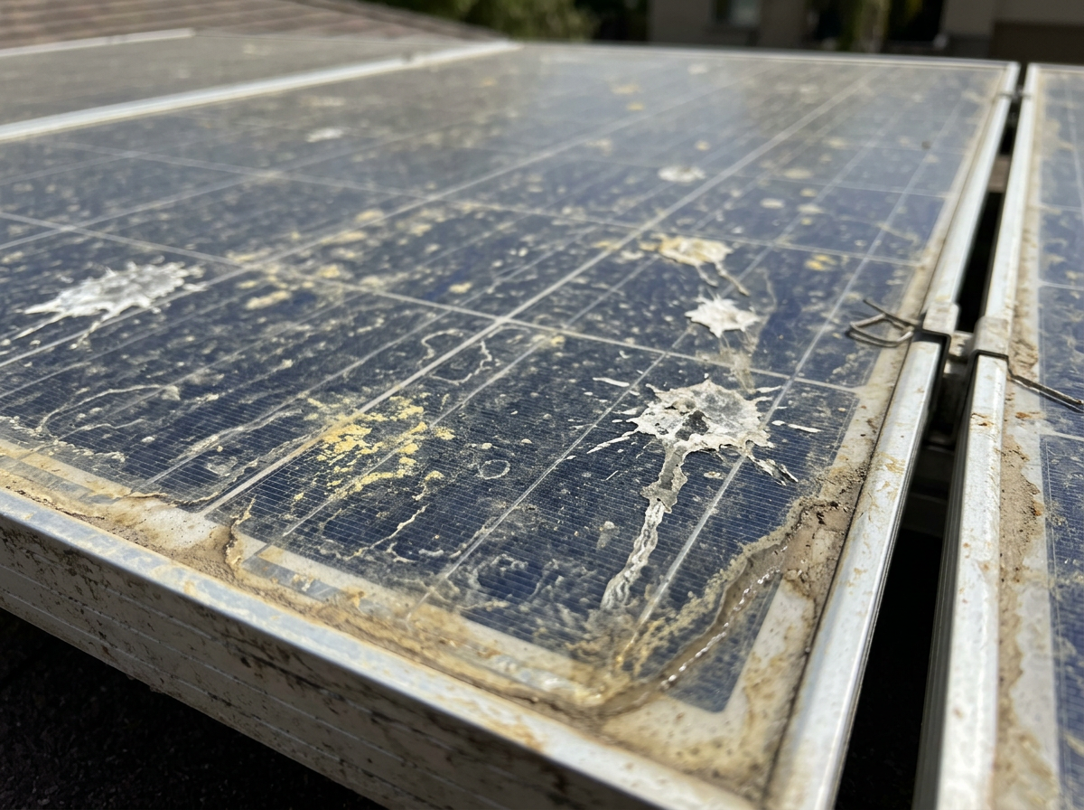 Dirty solar panels covered in Idaho dust, pollen and bird droppings before cleaning