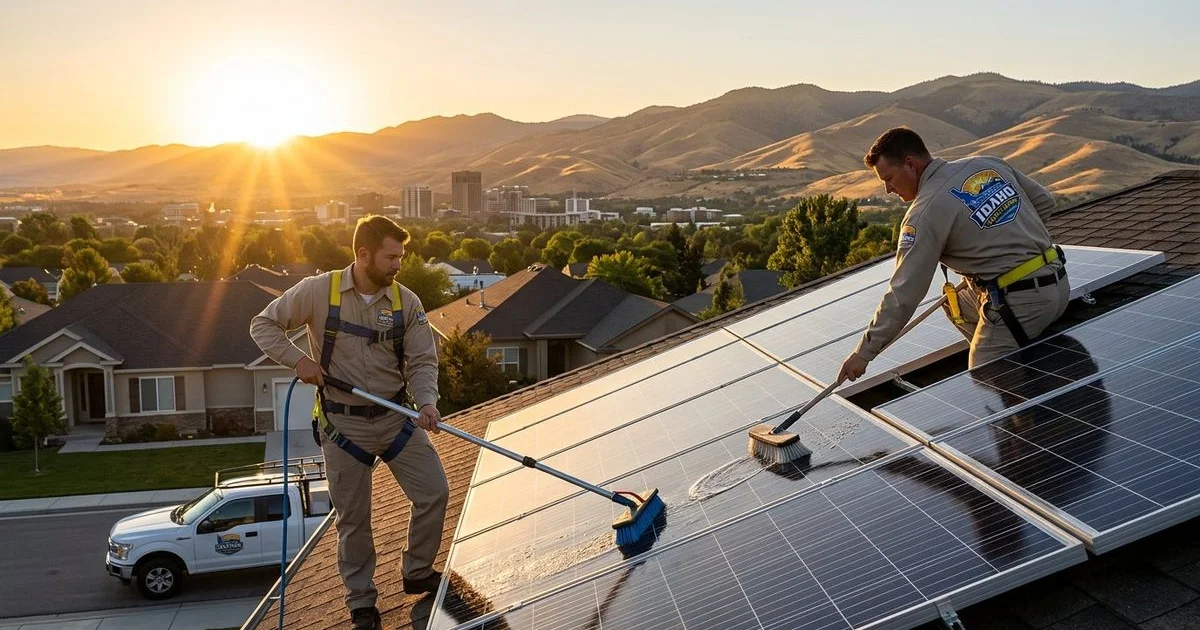Idaho Solar Cleaning crew cleaning rooftop solar panels at sunset in Boise