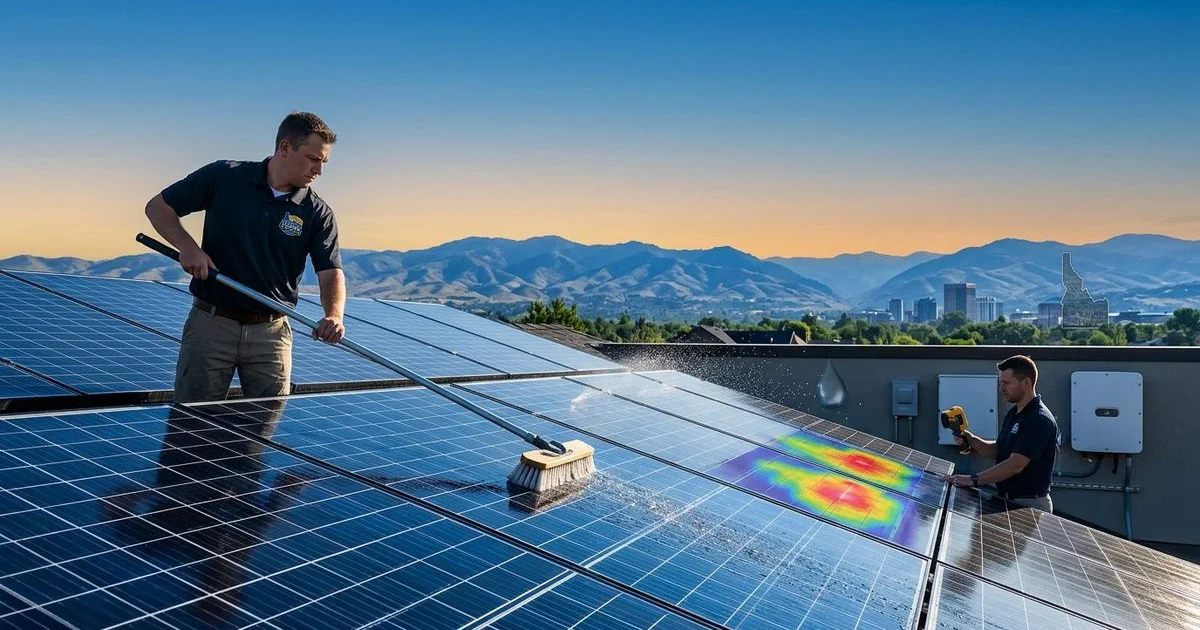 Idaho Solar Cleaning team performing panel inspection and cleaning with Boise skyline